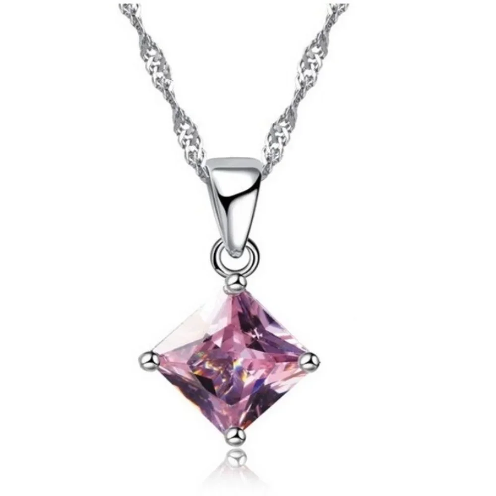 💎 Square Necklace And Earrings 925 Sterling Silver Set Gift - Picture 2 of 3
